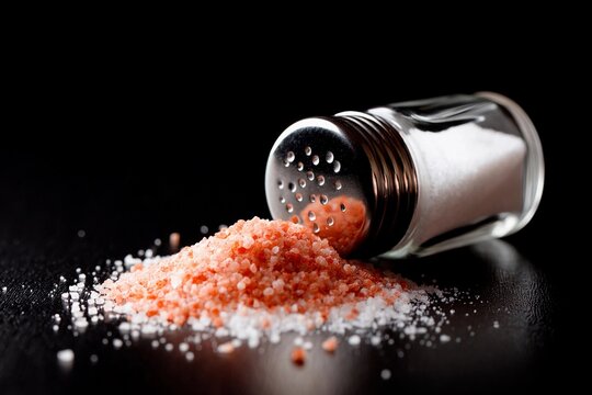 A salt shaker lies on its side, spilling pink Himalayan salt across a dark surface. The fine grains of salt create a striking visual against the contrasting background