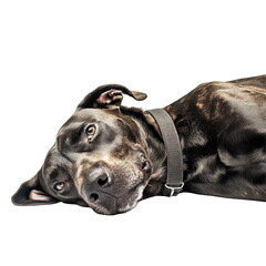 Resting Pup: A captivating studio shot of a black dog reclining, exuding a relaxed and comfortable vibe with direct eye contact and gentle disposition.