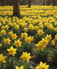 Fototapeta premium Sunlit field of vibrant yellow daffodils, petals gleaming , image, macro, floral
