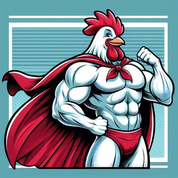 Cartoon muscular rooster superhero wearing cape with blue backdrop design