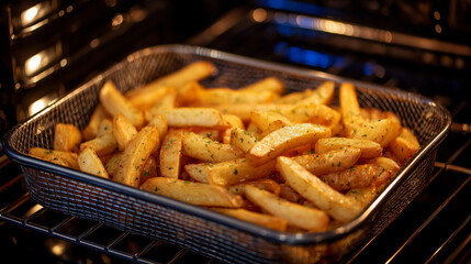 French fries being stirred mid-cook inside air fryer basket, under-glow lighting from kitchen cabinets illuminating the golden hue of the potatoes