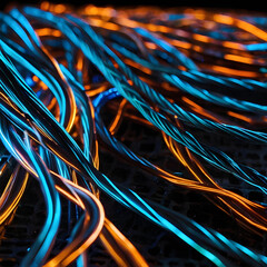 Illuminated Cables: A close-up shot of brightly illuminated network cables creates a stunning display of technology, with the wires twisting and turning against a dark background.