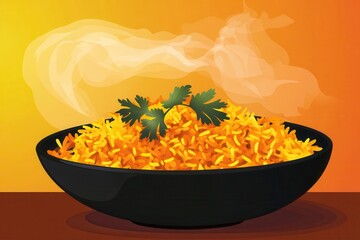Vibrant bowl of steaming saffron rice garnished with fresh cilantro against a warm gradient background