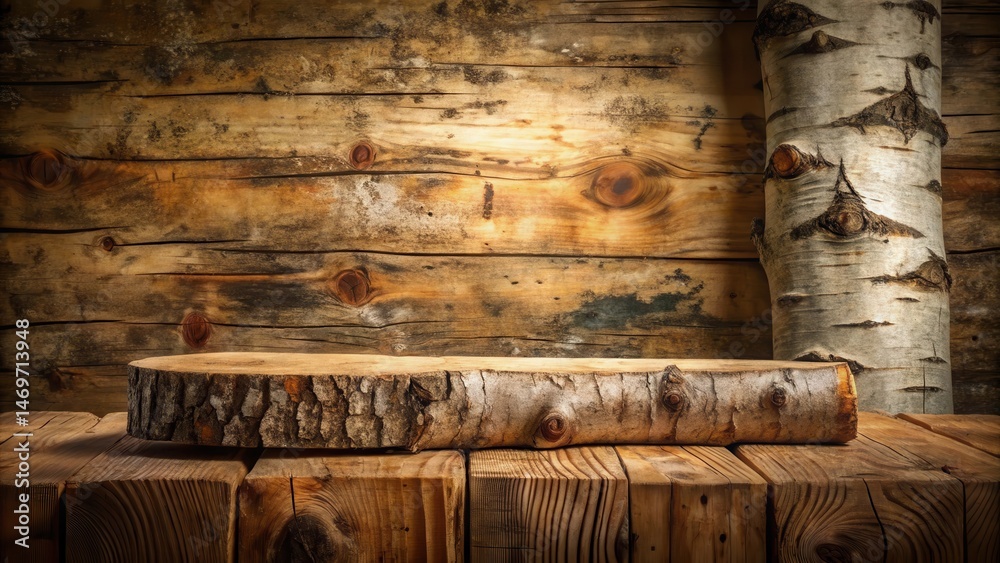 Poster rustic wooden display featuring a thick tree trunk slice on weathered planks