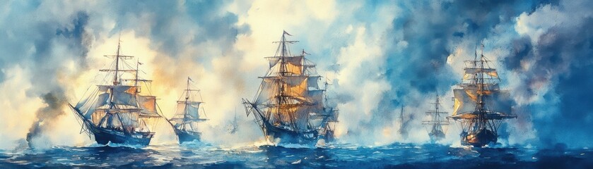 Fototapeta premium Historic sailing ships navigate turbulent seas under dramatic, smoky skies in a vivid, atmospheric painting.
