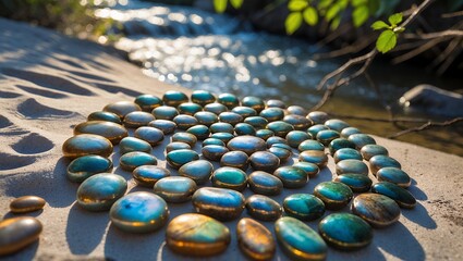 Fototapeta premium Arranging Polished Stones on Beach with River Background and Sunlight