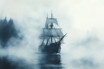 Fototapeta premium A tall ship sails through dense fog on calm waters, with a misty forest in the background, creating a mysterious and tranquil atmosphere.