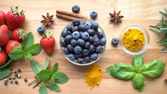 Fresh culinary tableau showcases vibrant strawberries, blueberries, herbs, spices, aromatic