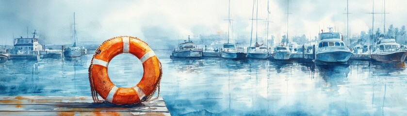 A peaceful marina scene with boats docked and an orange lifebuoy on a wooden pier, painted in cool blue tones.