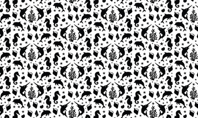 Sea Abstract Underwater Plants Shapes Silhouette Pattern, Coral Reef Plants, Different Types Of Marine Flora Decorative Elements, Abstract Sea Shells, Starfish.