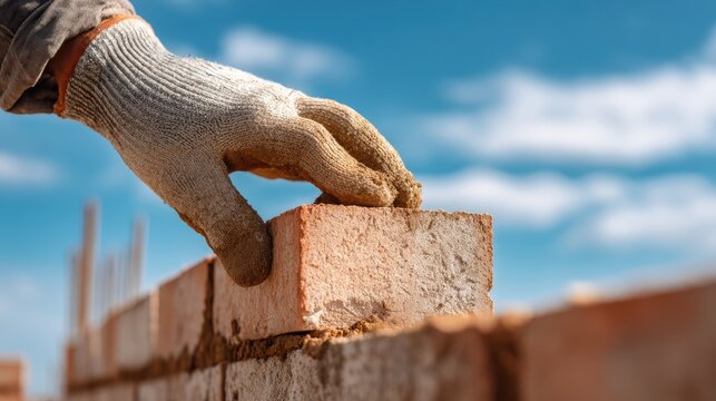 Laying bricks and mortar of a new building wall by a builder