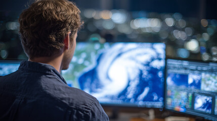 Over-the-shoulder view of meteorologist analyzing thermal imaging and humidity data while preparing hurricane warning bulletin