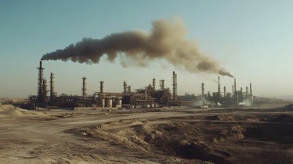 A large industrial plant with a lot of smoke coming out of it. The smoke is black and the sky is hazy