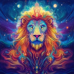 Colorful lion in cosmic background. Possible use Decorative print
