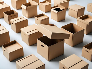 Fototapeta premium Cardboard Boxes Arrangement: An eye-level shot showcases a diverse array of meticulously arranged cardboard boxes, symbolizing packing, relocation, storage, or the process of moving.