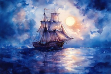 A majestic sailing ship glides across a moonlit sea, surrounded by dramatic clouds and shimmering water in a vibrant watercolor style.