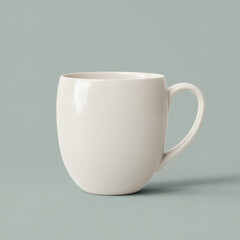 Obraz premium A clean, white ceramic mug with a rounded shape and a handle, on a pale blue background.
