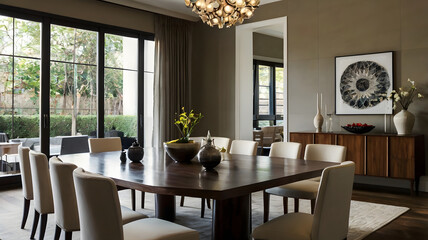 dining room interior with table and windows glass
