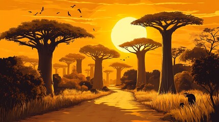 African Sunset with Baobab Trees, and Savanna.