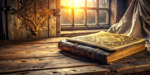 An antique book rests on a rustic wooden surface, bathed in warm sunlight streaming through a weathered window, evoking a sense of history and forgotten tales.