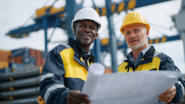 Two shipbuilders in reflective vests and helmets surrounded by piles of steel plates and ship components, blueprint rolled open between them