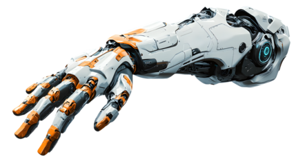 Futuristic Robot Arm and Hand Pointing Finger Isolated on Transparent Background