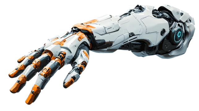 Futuristic Robot Arm and Hand Pointing Finger Isolated on Transparent Background - Powered by Adobe