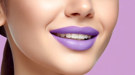 Fototapeta premium Close-Up Portrait of Woman with Lavender Lipstick and Radiant Smile