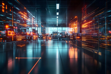 Modern neon cyberpunk open space office interior blurred with information technology overlay. Corporate strategy for finance, operations, marketing. Generative AI technology