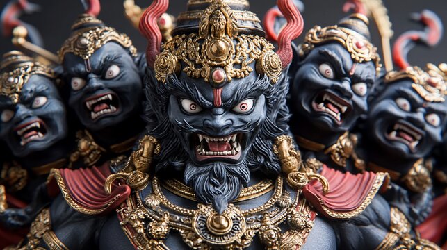 Multi-headed deity statue, fierce and powerful, detailed craftsmanship