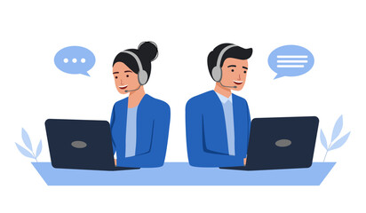 Call center. Hotline. Customer support staff with headsets, operators. Vector illustration in flat style