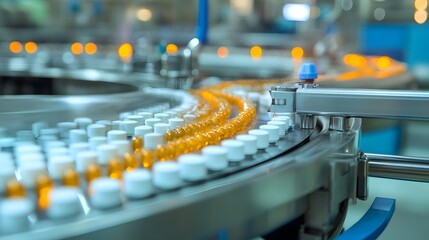 Fototapeta premium A conveyor belt filled with blue pills is moving through a factory. The pills are small and round, and they are all the same color. The conveyor belt is blue, and it is moving at a steady pace