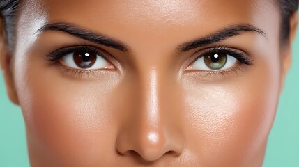 Naklejka premium Close-Up of Beautiful Woman with Unique Eyes and Flawless Skin