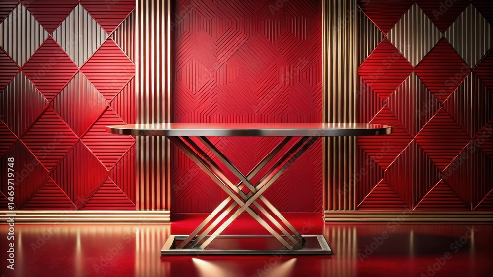 Poster sleek modern console table with a metallic finish, positioned against a rich red and gold geometric 