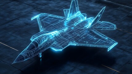 A digital wireframe hologram of a fighter jet on a dark tarmac, glowing blue with detailed lines, showcasing modern aerospace design	