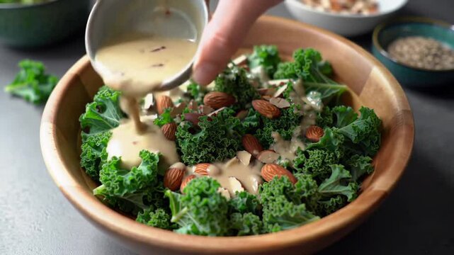 Preparing a nutritious kale salad with almonds and creamy dressing for healthy eating