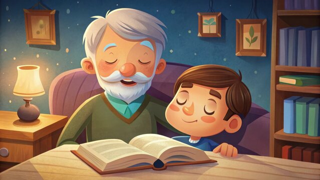 Grandfather and grandson sharing a joyful moment reading at home  