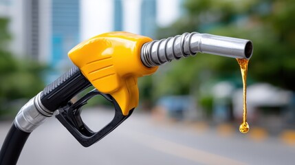 A fuel pump nozzle at a gas station, image suitable for advertisement.