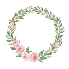Obraz premium Floral wreath with roses and leaves watercolor illustration transparent background