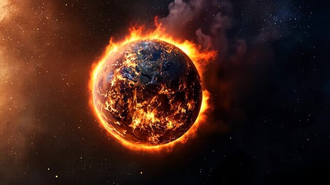 Intense visual of Earth fully engulfed in red flames, symbolizing planetary destruction.