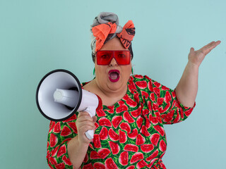 Colorful Retro Woman Shouting Through a Megaphone