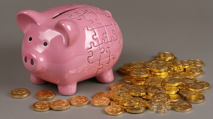 Pink piggy bank with puzzle design and gold coins