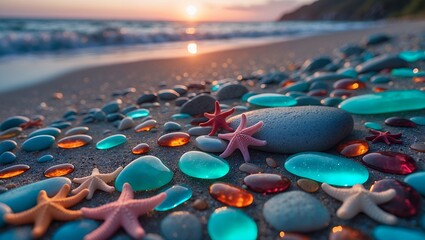 Fototapeta premium Colorful Sea Glass and Starfish on Sandy Beach at Sunset