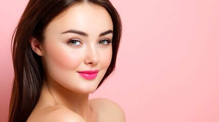 Fototapeta premium Beautiful woman with long hair and soft makeup on pink background