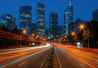 Obraz premium Cityscape view at night with light trails from traffic on the road. Skyscrapers, urban scene, transportation and modern architecture create a dynamic visual.