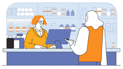 pharmacy drugstore checkout cashier counter: beautiful female pharmacist scans barcode and handsome young man talks to a cashier and pays for the health care products at the checkout counte 67401036 3