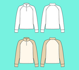 High neck Half Zipped Long Raglan sleeve colour way set T-shirt fashion flat sketch template outline CAD mockup front and back views.