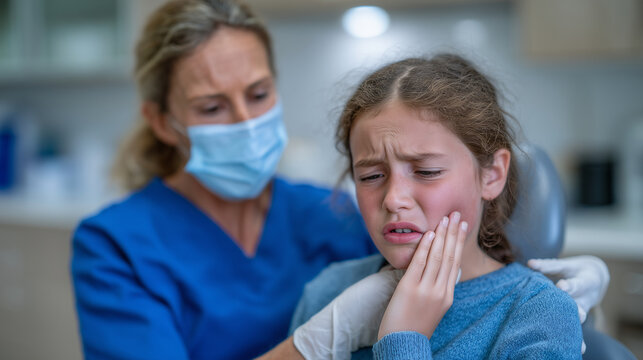 A pediatric dentist examines a young girl with puffy cheeks and downturned eyes, gently checking her sore tooth while the child flinches in discomfort