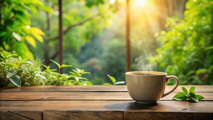 Serene Morning A steaming cup of coffee rests on a rustic wooden table, bathed in the warm glow of sunlight filtering through lush green foliage.