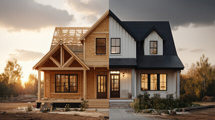 Construction of a single-family house in a wooden frame structure, before and after, raw and finished state